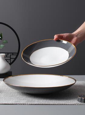 国潮创意骨瓷家用西餐盘饭碗10头餐具套装文艺灰描金筷子架味碟