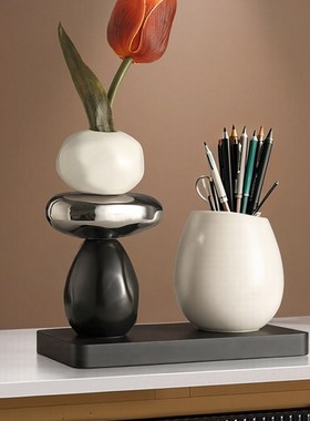 轻奢高档石来运转收纳笔筒摆件家居F客厅玄关办公室桌面花瓶装饰