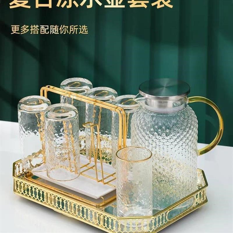日式锤纹玻璃杯带把手水杯套装家用客厅待客茶杯家庭喝水杯子杯具 - 图0