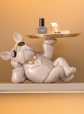 创意斗牛犬酒g柜桌面电子台式钟表小闹钟时钟家用钥匙收纳托盘摆