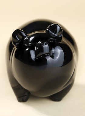 天然黑曜石小猪摆件黑色水晶石雕生肖猪摆设家居吉祥物玉石装饰品