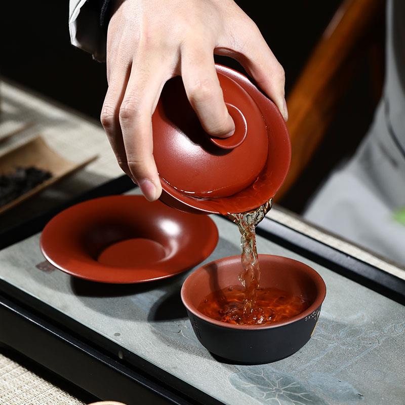 KE3C宜兴紫砂三才杯盖碗单个茶碗带盖泡茶杯大号防烫复古陶瓷功夫 - 图2