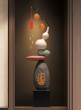 玄关隔断柜石来运转招财猫细长装饰摆件高档客厅电视柜壁龛工艺品