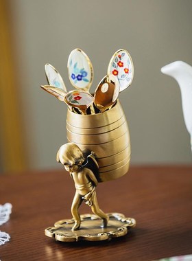 北欧风黄铜勺子刀叉收纳罐天使背篓牙签罐家居装饰品复古餐桌摆件