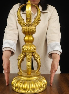 纯黄铜金刚杵带底座五股金刚杵摆件大小号家用普巴撅杵法器降魔杵