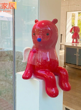 现代卡通翅膀熊装饰摆件红色天使熊儿童房桌面可爱坐姿小雕塑