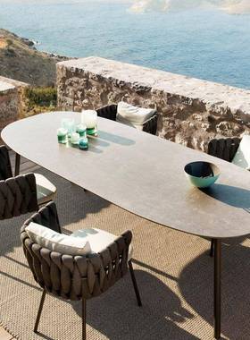 户外桌椅北欧露天别墅岩板餐椅组合室外花园庭院休闲拉绳藤椅家具