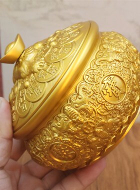 黄铜元宝金蟾聚宝盆带盖招财玄关摆件居家客厅八福金蟾聚宝盆摆件