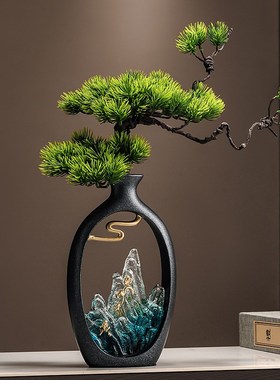 新中式迎客松花瓶摆件客厅玄关电视柜博古架装饰品办公室乔迁新居