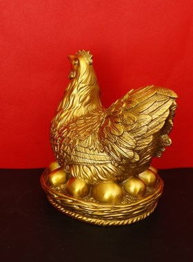 纯黄铜生肖鸡摆件 金鸡下蛋客厅玄关镇宅安宅风水吉祥工艺品