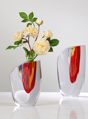 现代轻奢红色琉璃花瓶摆件客厅酒店饭厅玄关可水培插花花器装饰品