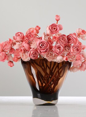 咖色艺术玻璃摆件现代轻奢客厅酒店餐厅玄关可水培插花花器装饰品