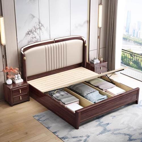 新中式乌金木1.8M实木床简约大气双人主卧婚床中式别墅储物高箱床 - 图1