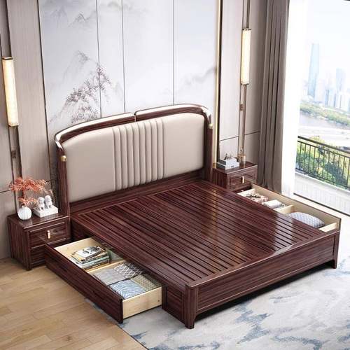 新中式乌金木1.8M实木床简约大气双人主卧婚床中式别墅储物高箱床 - 图2