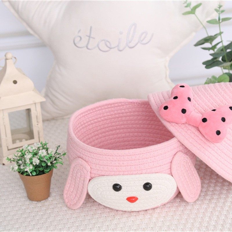 可爱收纳篮杂物蔬菜编织收纳筐零食玩具粉色蝴蝶结棉绳带盖收纳盒,淘宝优惠券,粉丝福利购,淘宝优惠卷