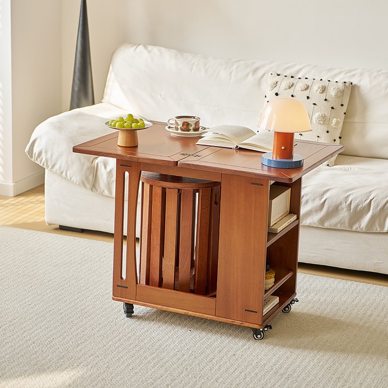 家用移动边几客厅多功能沙发边柜实木茶几茶桌两用折叠餐桌小推车 - 图0