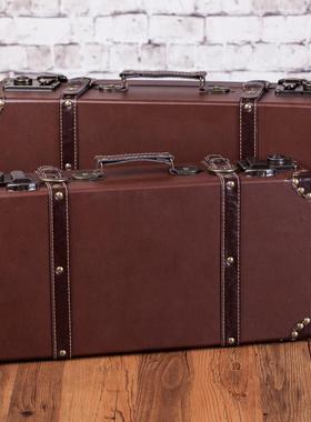 欧式复古旅行收纳箱储物木箱子老式手提箱道具皮箱子做旧创意摆件