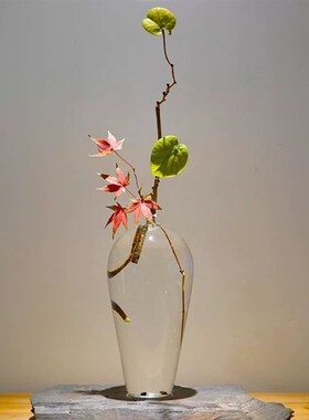 日式花瓶透明玻璃禅意空间新中式茶空间装饰摆件茶台茶室插花器小