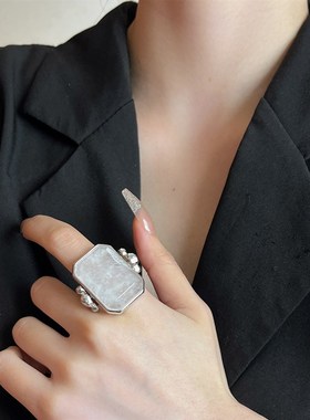 法式大块方形戒指复古大块方糖水晶天然石夸张个性小众高级感指环