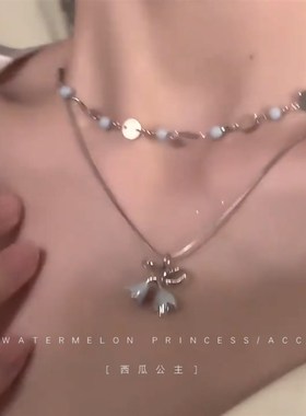 夏日破冰蓝双层叠戴项链女夏天蓝色清新锁骨链海边度假饰品潮