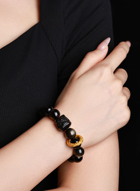 黑耀石圆珠手链男士醒狮平安扣