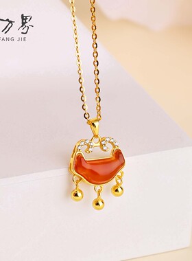 石方界s925银红玛瑙如意锁项链