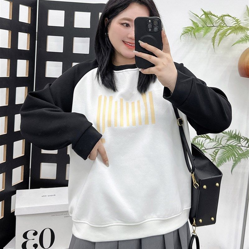 宛宛大码卫衣女胖mm秋季2024新款减龄圆领印花拼色宽松休闲套头衫,淘宝优惠券,粉丝福利购,淘宝优惠卷