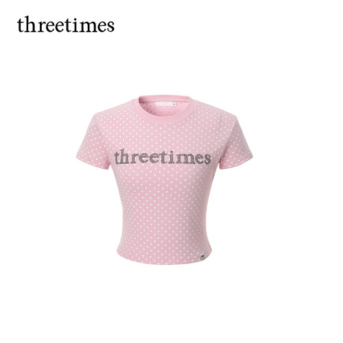threetimes2026韩版粉色波点短袖T恤女甜辣修身显瘦露脐短上衣夏 - 图0