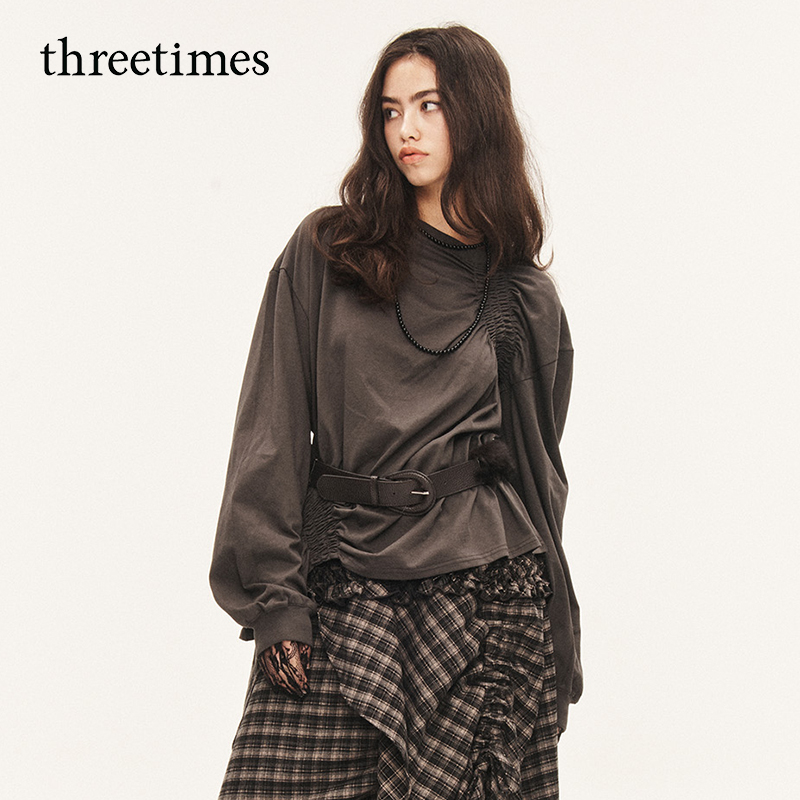 threetimes2025新款男女早秋美式慵懒风长袖t恤不规则设计感上衣 - 图0