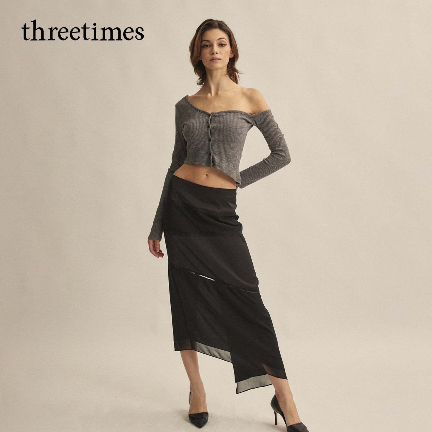 threetimes明星同款炸街独特漂亮针织衫2025超好看斜露肩短上衣女,淘宝优惠券,粉丝福利购,淘宝优惠卷