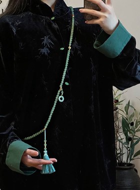 国风名族风天然石绿色串珠流苏项链新中式高级感长款斜挎链毛衣链