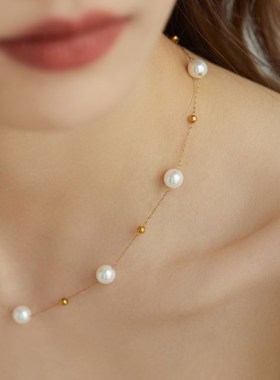 小众高级感金珠间隔气泡玻璃珍珠项链女锁骨链夏轻奢不掉色七夕