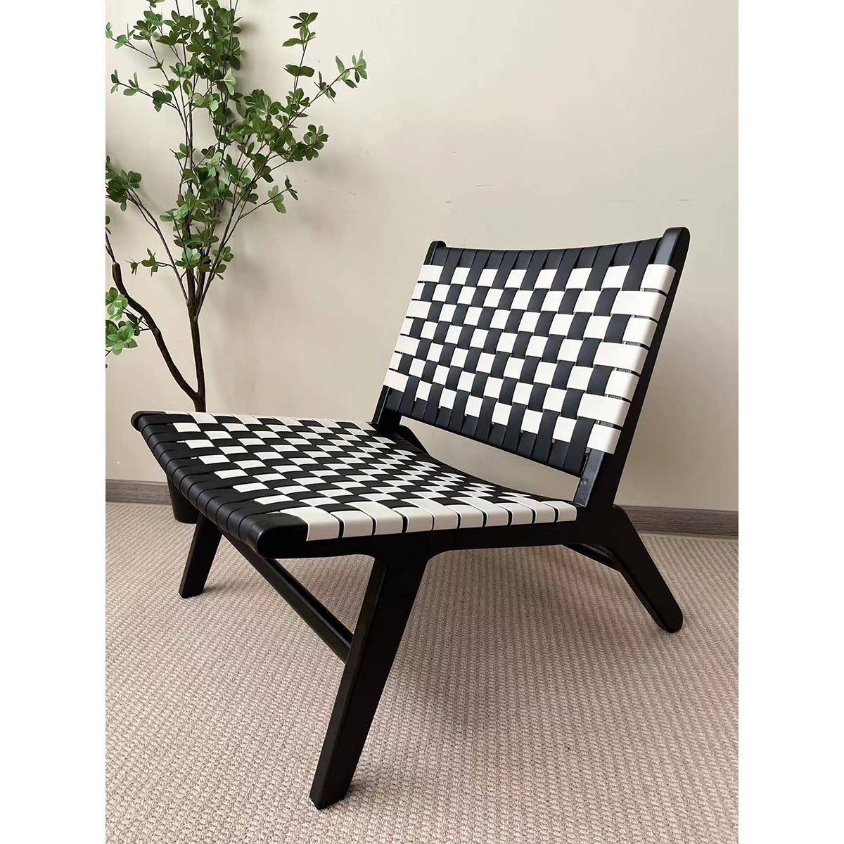 设计师款马鞍皮单人实木休闲靠背躺椅懒人沙发小户型客厅阳台家用 - 图1