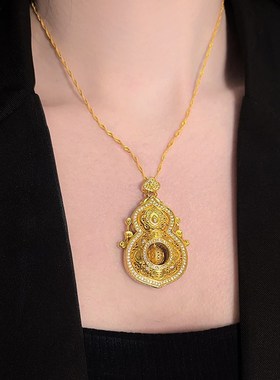 古法莫桑石点钻人生四美葫芦花丝镂空葫芦福禄挂坠项坠金色项链