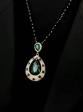 复古时尚绿水晶水滴毛衣链长款项链女轻奢高级感气质百搭挂件配饰