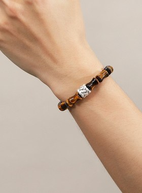 天然黄虎眼石手串男女款999纯银好运上岸竹节串珠新中式情侣手链