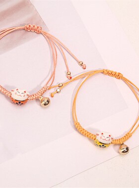 简约情侣陶瓷小猫咪手链女清新学生手工编织招财猫红绳手串女礼物