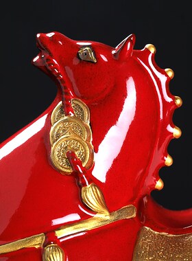 东方泥土陶瓷《马上有钱》描金骏马摆件客厅博古架高档装饰