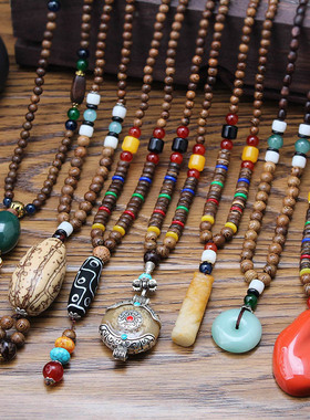 简约百搭民族风毛衣链长款佛珠项链男女复古高档木质棉麻配饰挂件