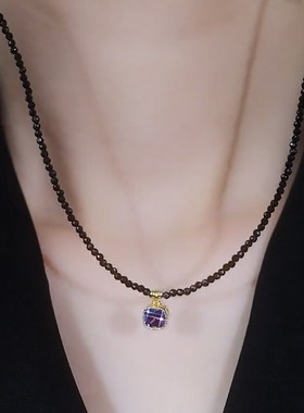 小众设计感紫水晶方糖时尚洋气颈链简约气质网红高级感锁骨链配饰