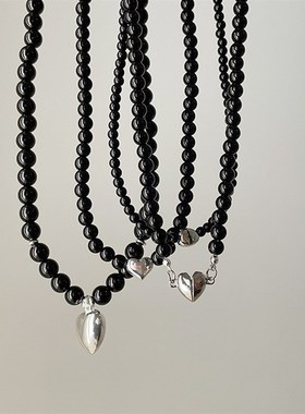 黑色珍珠串珠金属爱心项链女设计感小众复古个性百搭颈链锁骨链