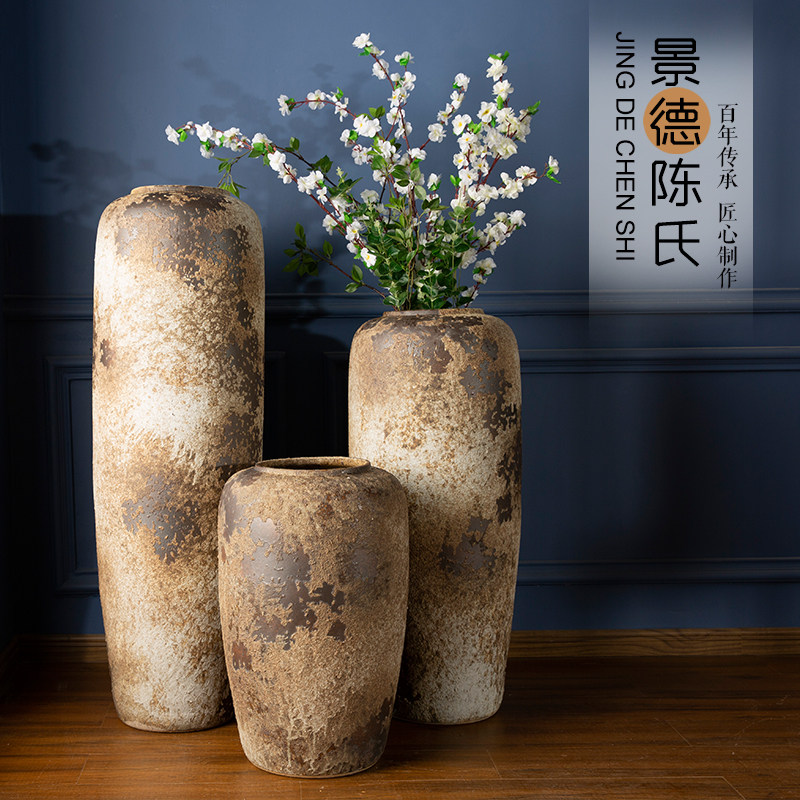复古工业风手工粗陶陶瓷落地花瓶陶罐坛子花器客厅装饰摆件,淘宝优惠券,粉丝福利购,淘宝优惠卷
