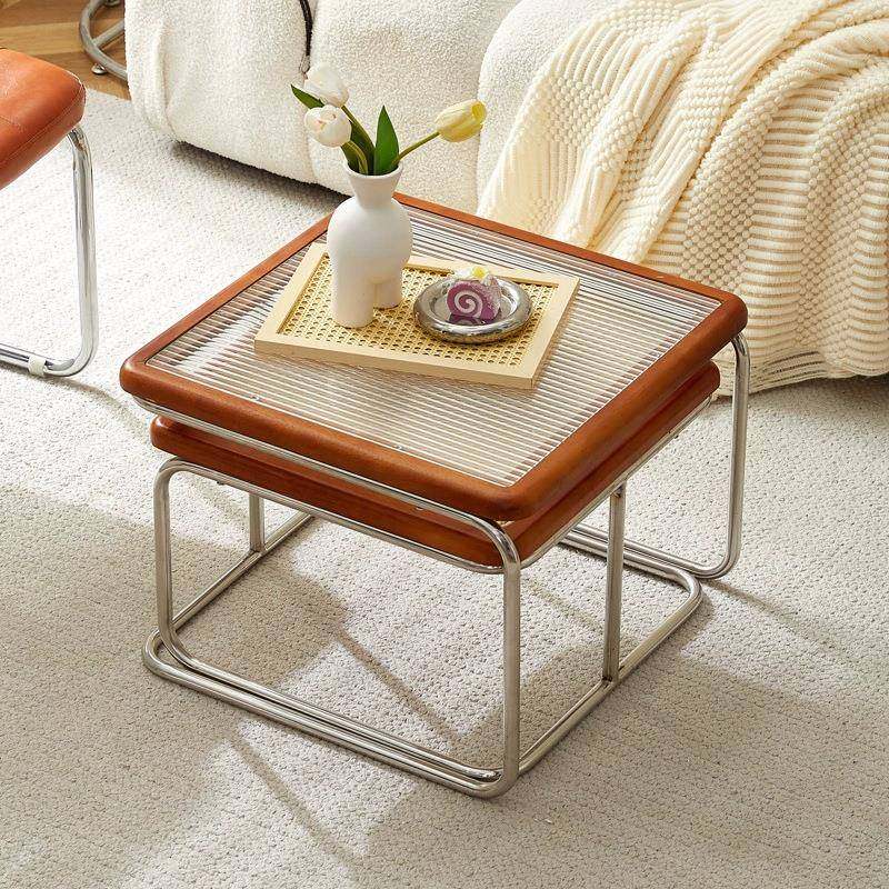 家用小户型玻璃边几客厅不锈钢子母方桌组合复古网红藤编中古茶几,淘宝优惠券,粉丝福利购,淘宝优惠卷