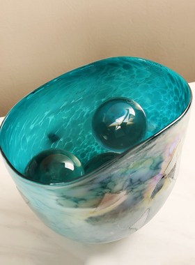 手工刻磨果盘玻璃摆件水果盘现极简客厅茶几样板房零食盘收纳盘