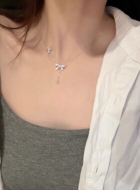 S925纯银小众蝴蝶结项链女2024新款轻奢设计流苏锁骨链送礼物