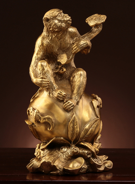 子铜猴子摆件猴意寿桃铜如纯客厅摆件小号精致黄铜猴子祝寿礼品