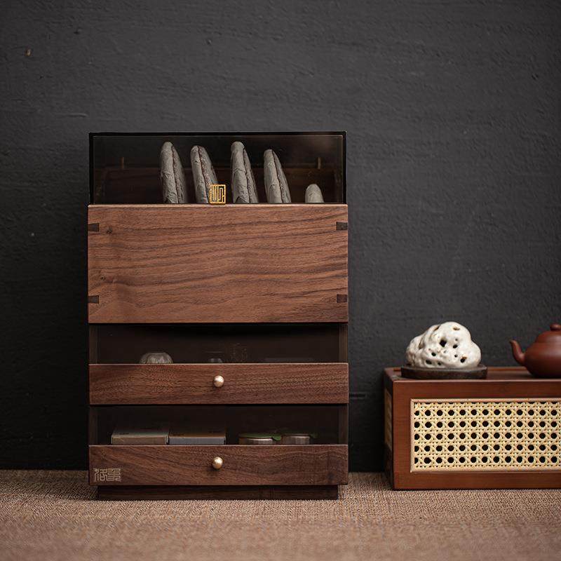 胡桃木中式多层收纳柜桌面储物抽屉式台面防尘柜置物架茶饼收纳盒,淘宝优惠券,粉丝福利购,淘宝优惠卷