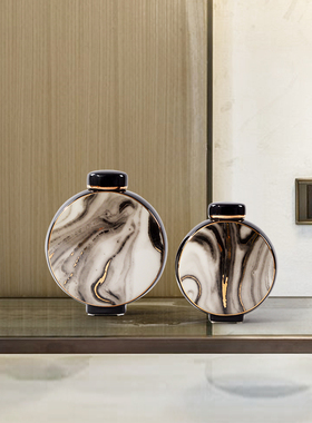 现代轻奢大理石纹扁形陶瓷罐摆件中式玄关博古架客厅书房软装饰品
