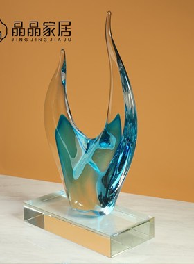 北欧简约透明玻璃蓝色牛角桌面高档大号摆件酒店玄关样板房装饰品