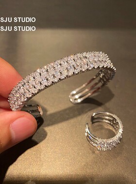小众满钻宽版排钻手镯镯子手饰简约锆石百搭叠戴婚礼奢华配饰开口